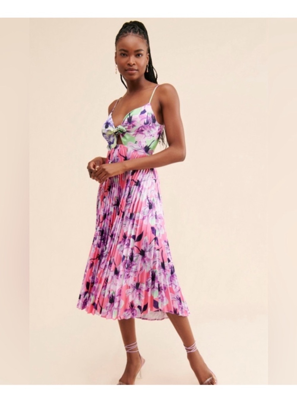 Delfi by Anthropologie Floral Pleated Pink Midi Dress with Spaghetti Straps